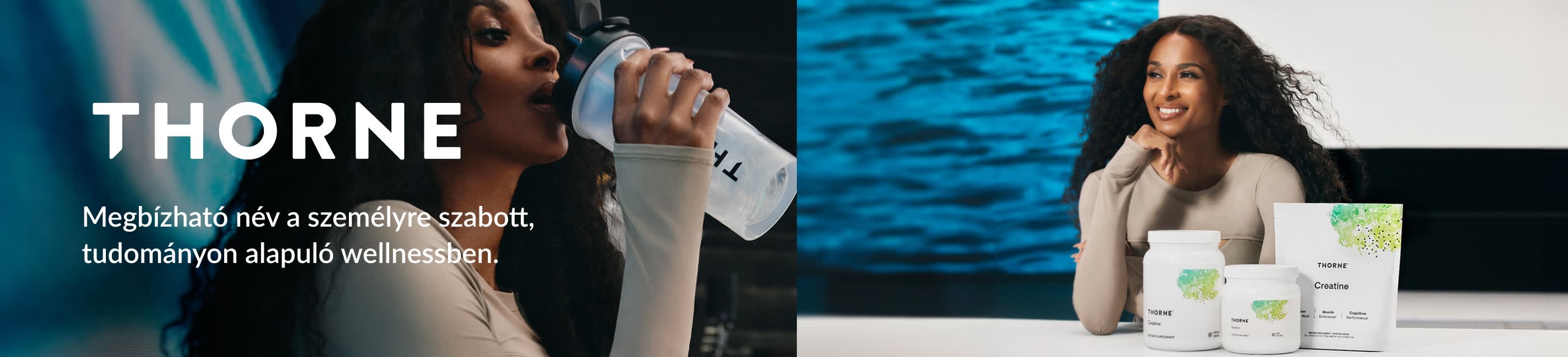 Thorne banner featuring premium health supplements with clean design, promoting science-based nutrition and wellness products.