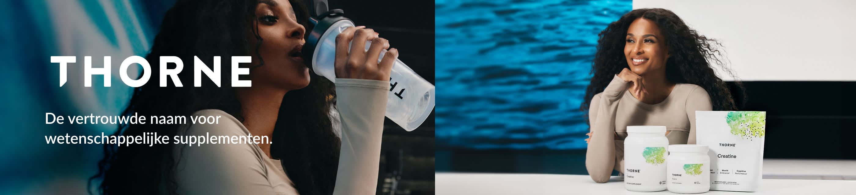 Thorne-banner met hoogwaardige voedingssupplementen met een strak design, ter promotie van op wetenschap gebaseerde voedings- en wellnessproducten.