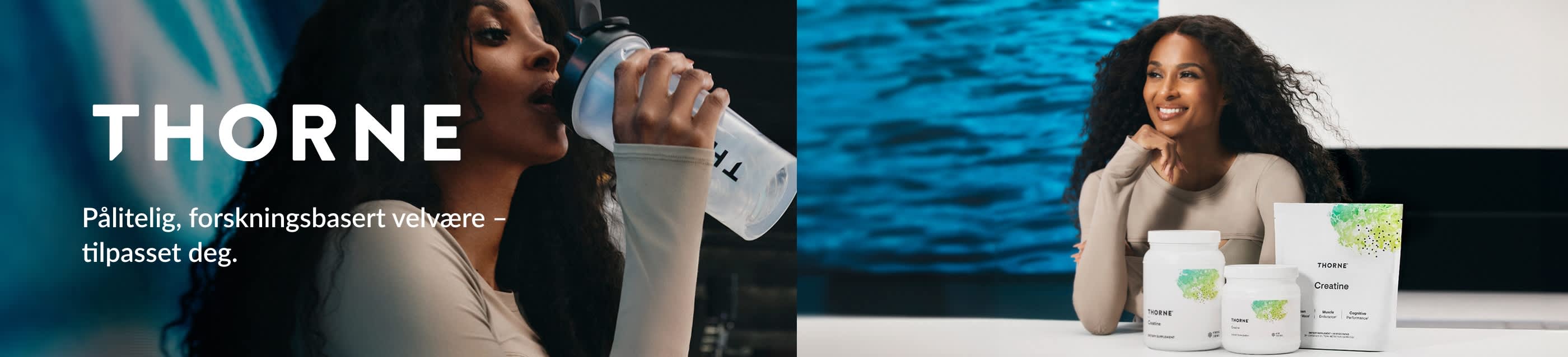 Thorne-banner med førsteklasses kosttilskudd med rent design, som promoterer vitenskapsbaserte ernærings- og velværeprodukter.