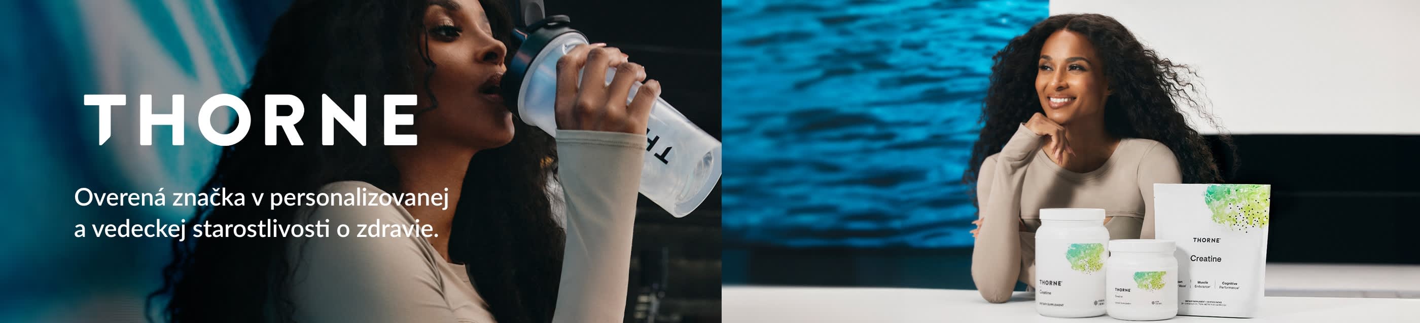 Banner značky Thorne, predstavujúci prémiové doplnky výživy v čistom dizajne, zamerané na vedecky podloženú výživu a produkty pre zdravý životný štýl.