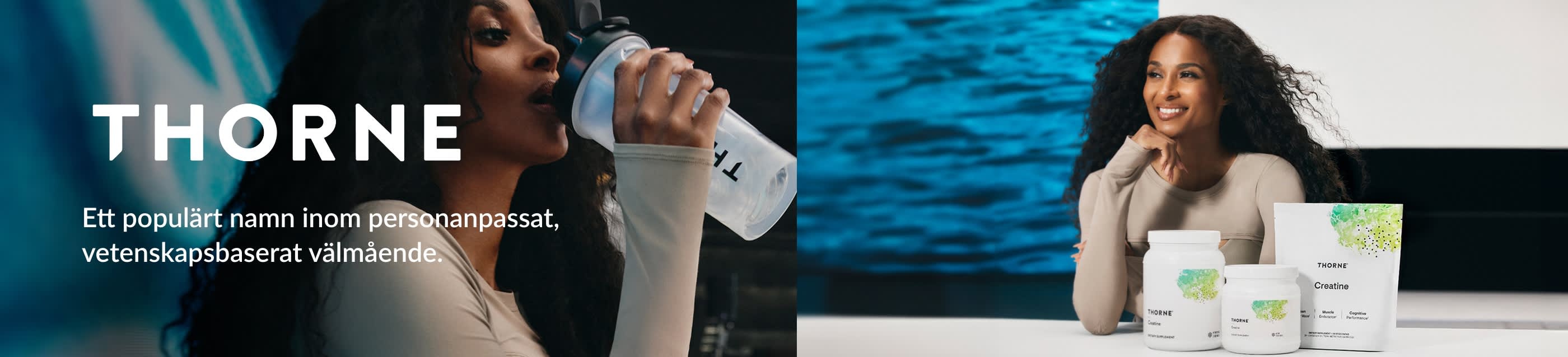 Thorne-banner med premiumkosttillskott med ren design, som marknadsför vetenskapsbaserade närings- och välmåendeprodukter.