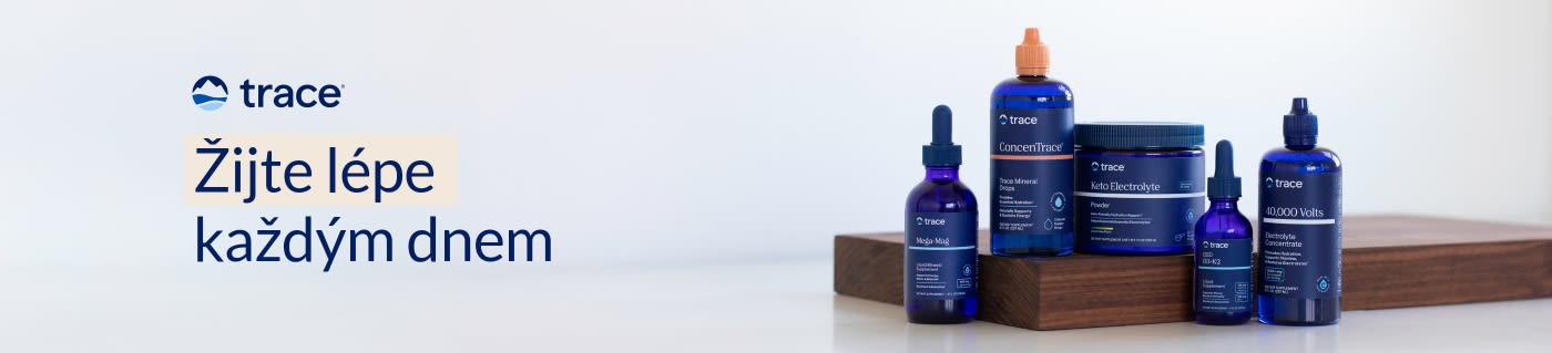 Trace Minerals supplements with blue bottles on display and slogan 