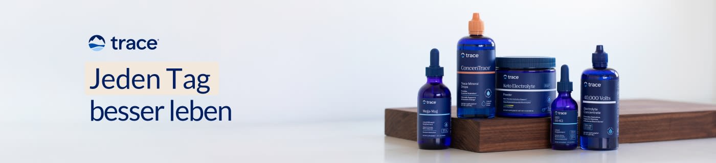Trace Minerals supplements with blue bottles on display and slogan 