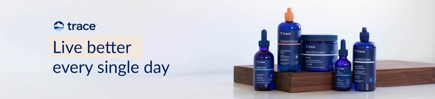 Trace Minerals supplements with blue bottles on display and slogan 