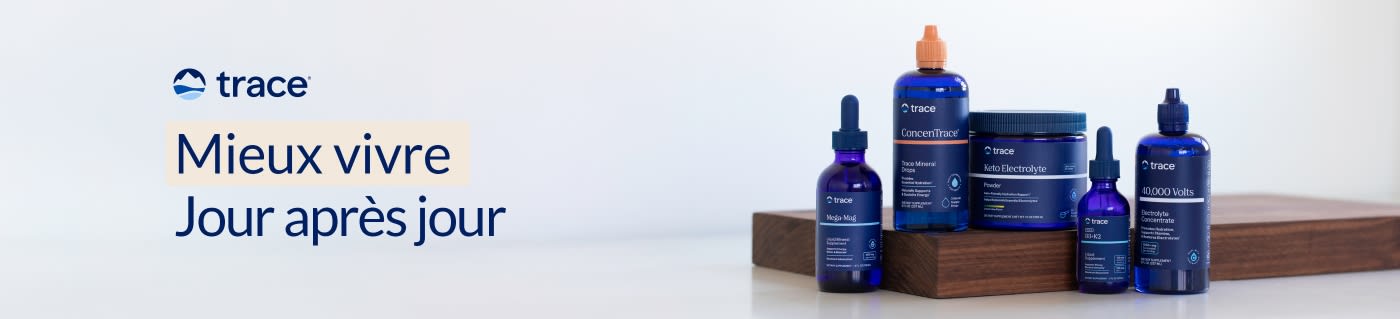 Trace Minerals supplements with blue bottles on display and slogan 