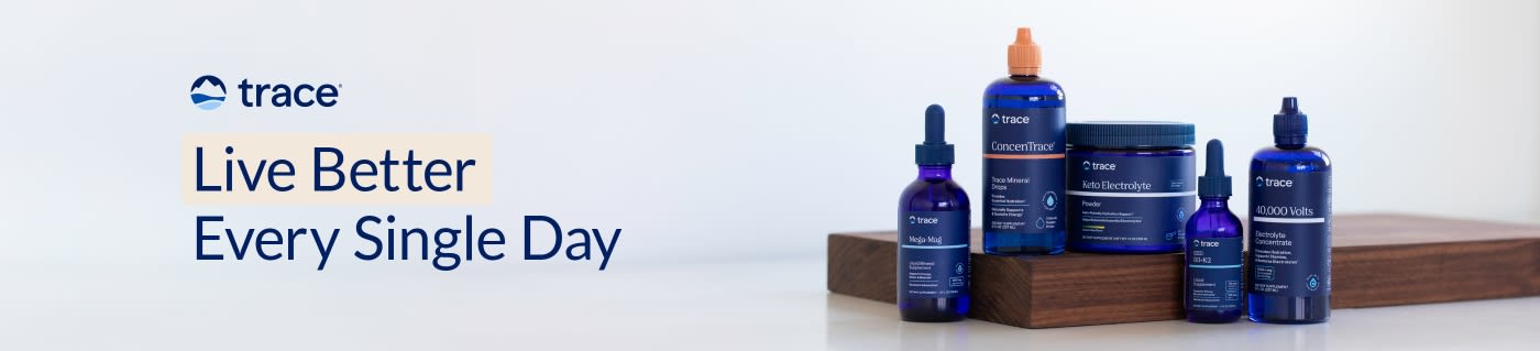 Trace Minerals supplements with blue bottles on display and slogan 
