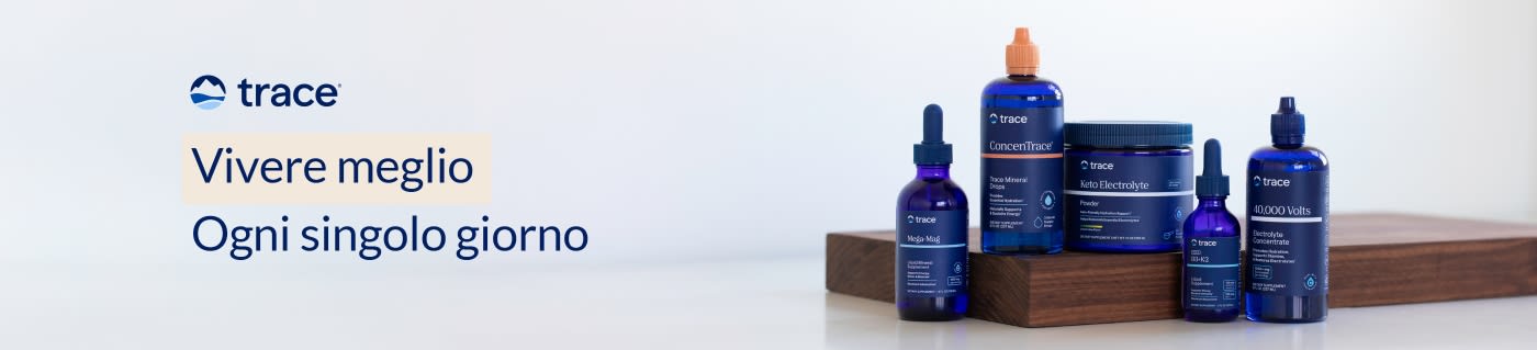 Trace Minerals supplements with blue bottles on display and slogan 