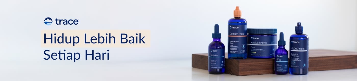 Suplemen Trace Minerals dengan botol biru dipamerkan dan slogan 