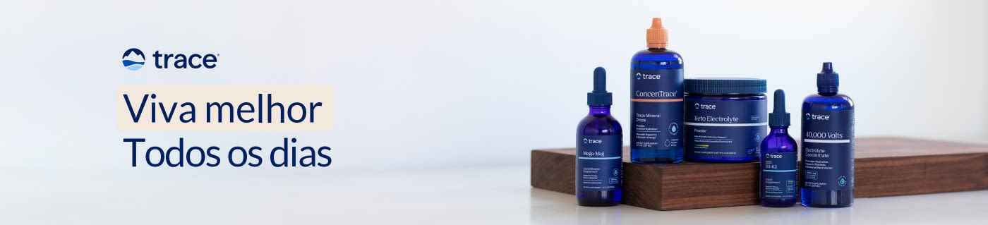 Trace Minerals supplements with blue bottles on display and slogan 