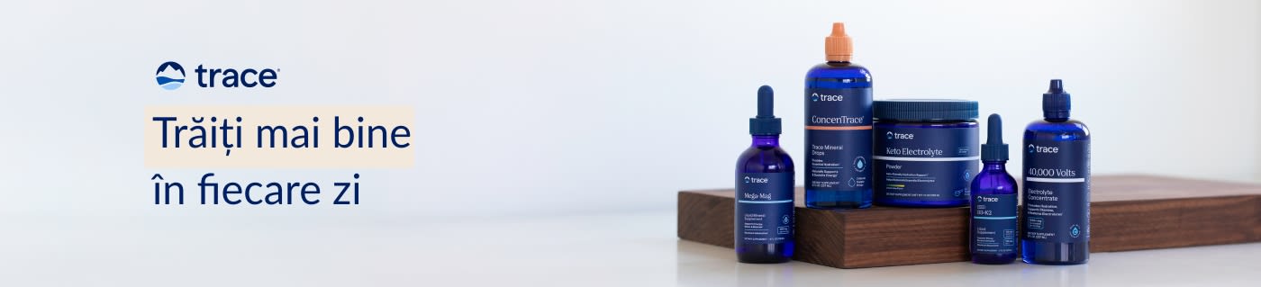 Suplimente Trace Minerals în ambalaje albastre și sloganul „Trăiți mai bine în fiecare zi”.