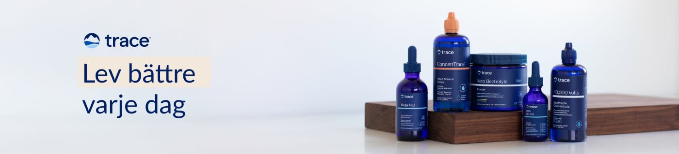 Trace Minerals-kosttillskott med blå flaskor på display och sloganen 