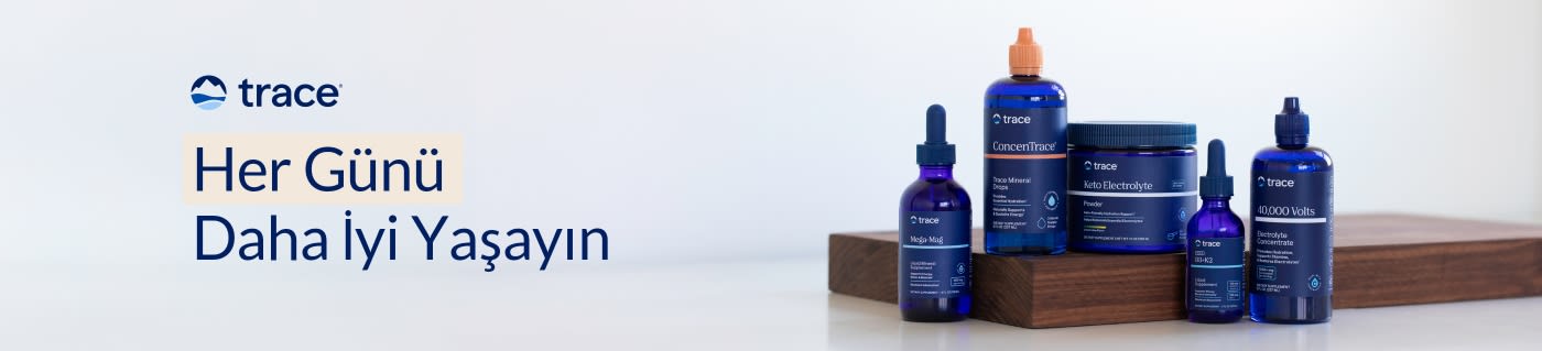 Trace Minerals supplements with blue bottles on display and slogan 