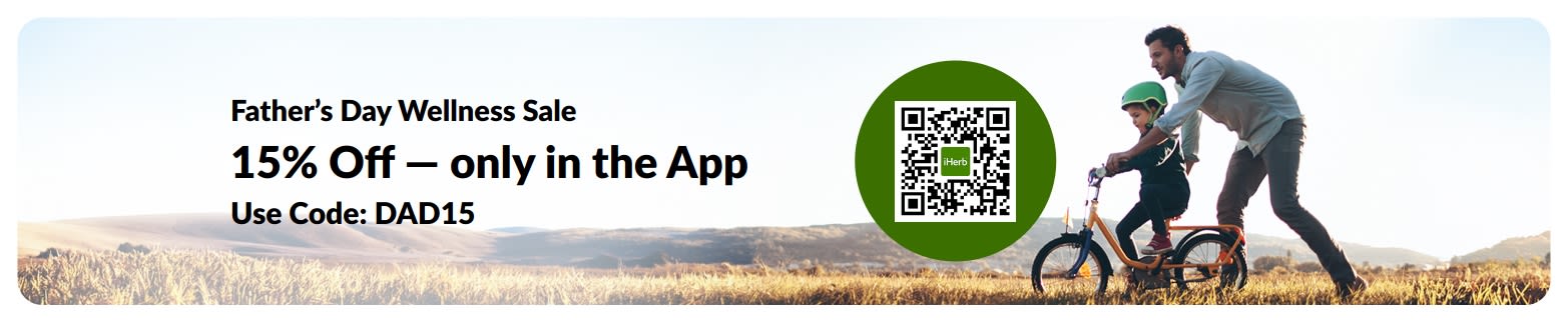 Father’s Day wellness sale banner featuring a father teaching a child to ride a bike, offering 15% off in-app.