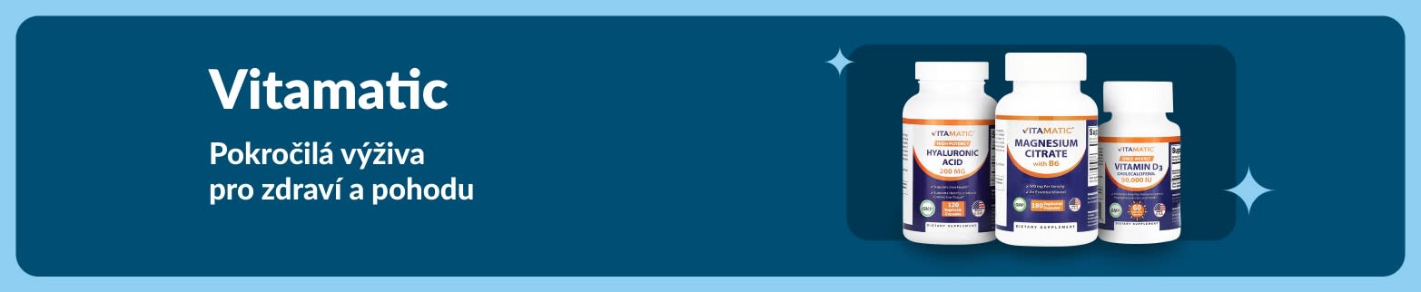 Vitamatic banner představující doplňky s kyselinou hyaluronovou, citrátem hořečnatým a vitaminem D3 pro pokročilou každodenní výživu a podporu zdraví.