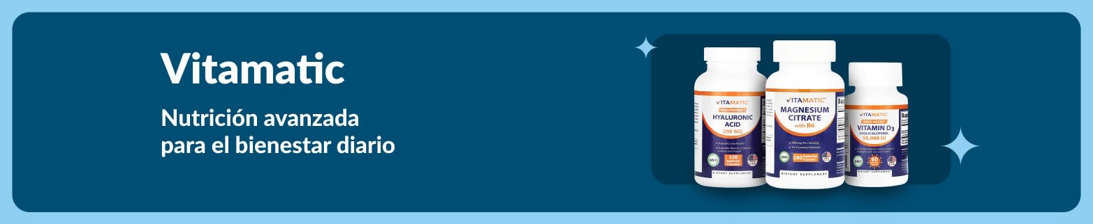 Banner de Vitamatic que muestra los suplementos de ácido hialurónico, citrato de magnesio y vitamina D3 para una nutrición y un bienestar diarios avanzados.