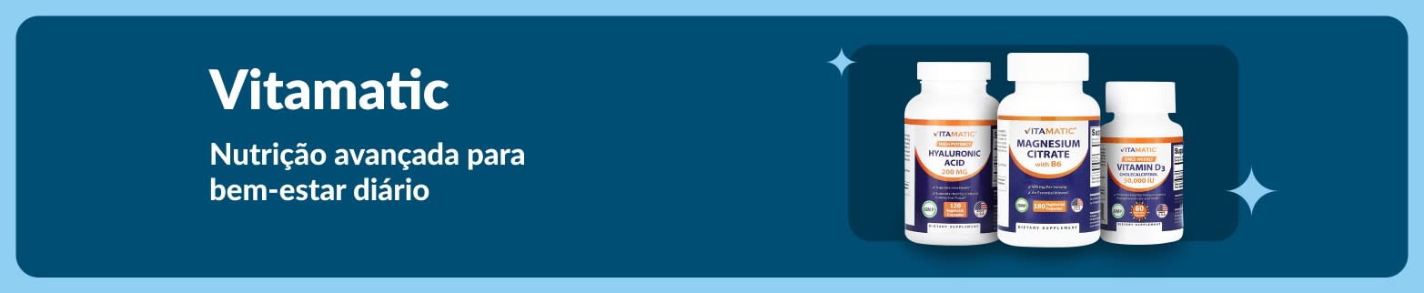 Banner da Vitamatic exibindo suplementos de Ácido Hialurônico, Citrato de Magnésio e Vitamina D3 para nutrição e bem-estar avançado.