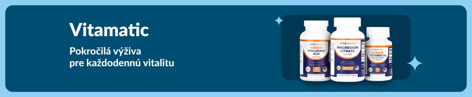 Banner Vitamatic s doplnkami kyseliny hyalurónovej, citrátu horečnatého a vitamínu D3 pre pokročilú každodennú výživu a vitalitu.
