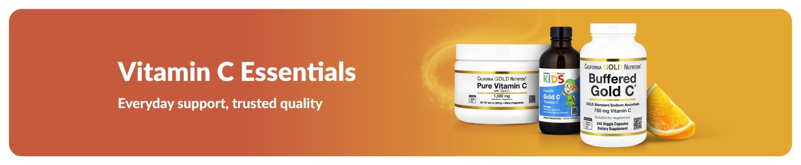 Vitamin C essentials banner featuring supplement products and an orange slice.