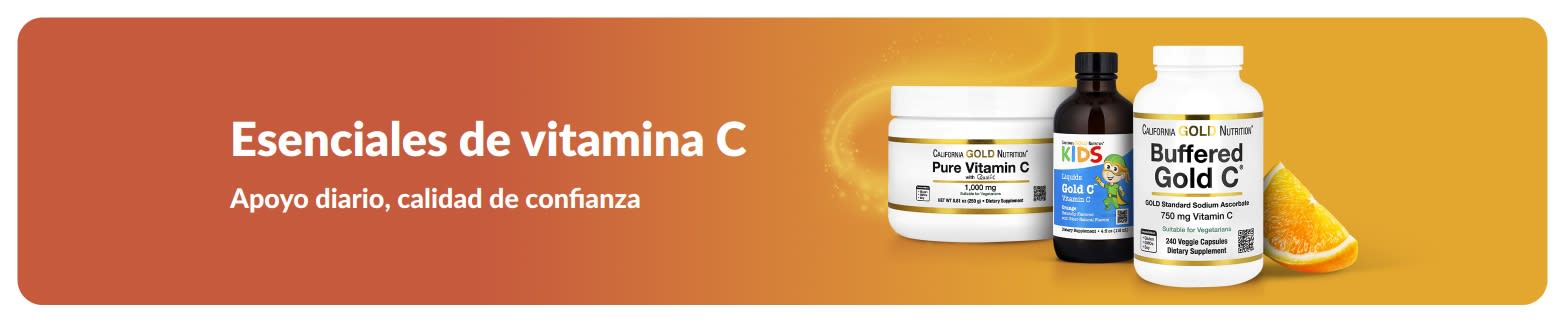 Banner de esenciales de vitamina C que muestra suplementos y una rodaja de naranja.