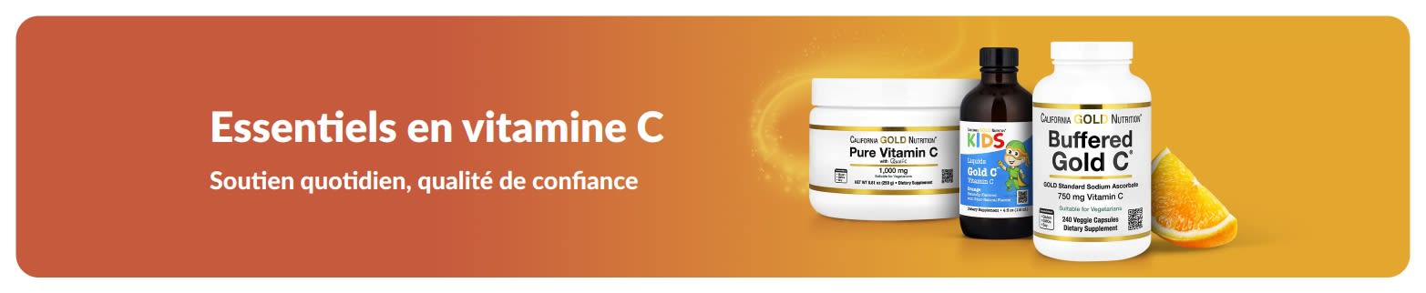 Bannière Essentiels à la vitamine C présentant des compléments alimentaires et une tranche d’orange.
