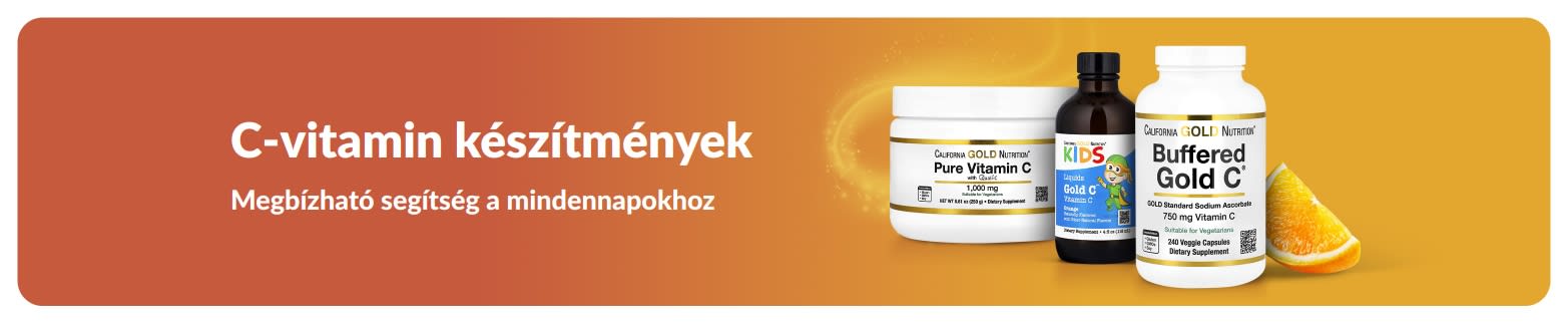 C-vitamin készítmények című banner, amelyen étrend-kiegészítők és egy narancsszelet látható.