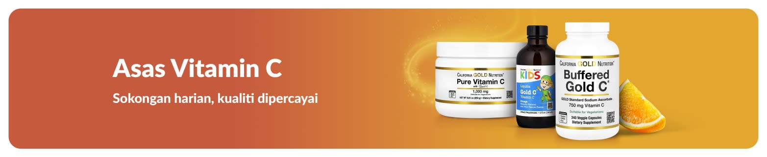 Sepanduk asas Vitamin C menampilkan produk suplemen dan potongan buah oren