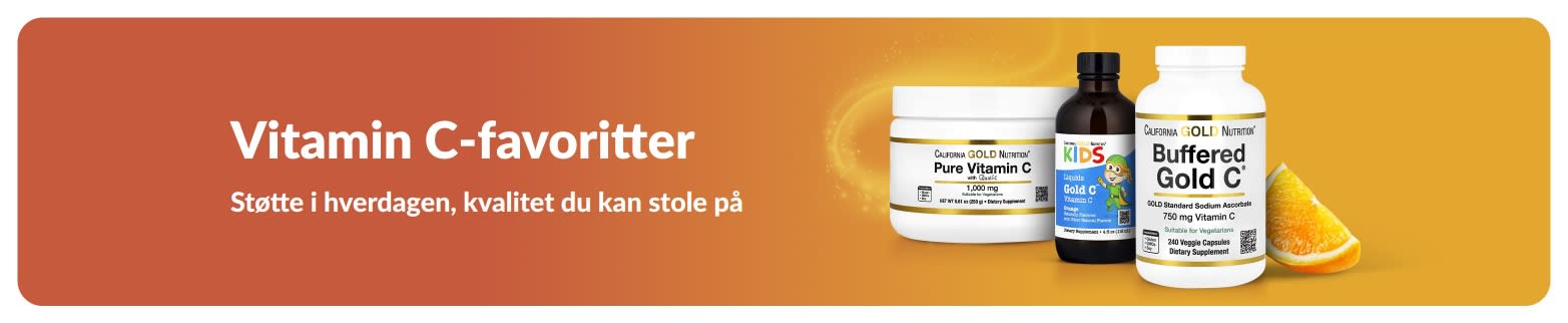 Banner for Vitamin C-favoritter med kosttilskudd og appelsinskiver.