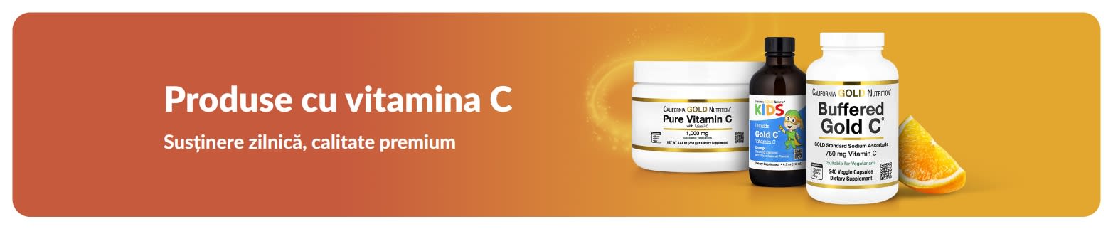 Banner cu produse cu vitamina C cu suplimente și o felie de portocală.