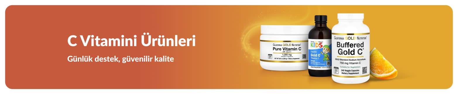 Takviye ürünleri ve portakal dilimi görseliyle C Vitamini ürünlerini öne çıkaran banner