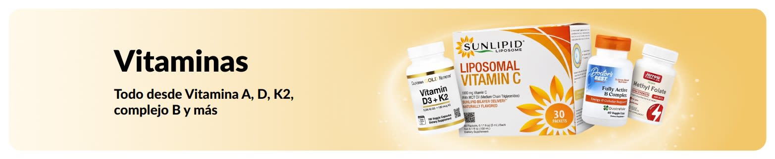 Banner promocional de vitaminas que muestra suplementos vitamínicos.