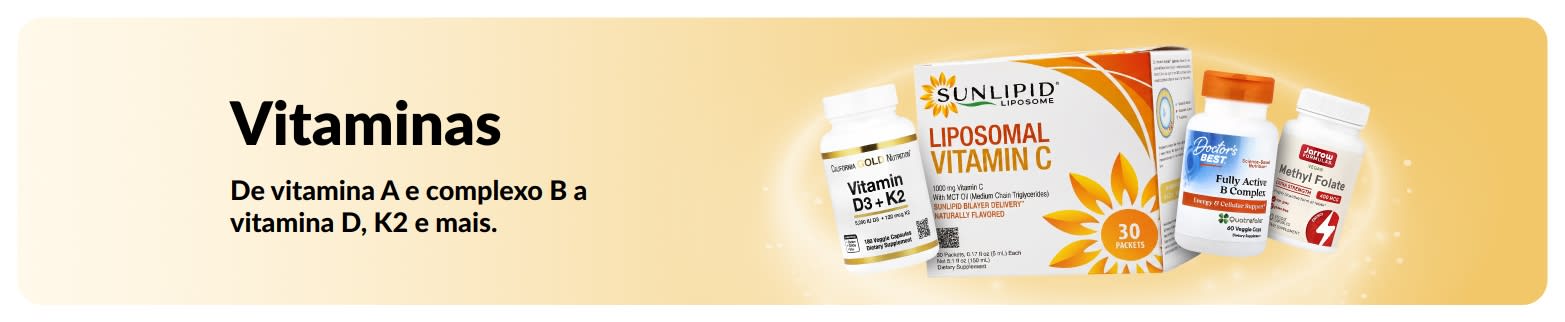 Banner promocional de vitaminas, com suplementos vitamínicos em destaque.
