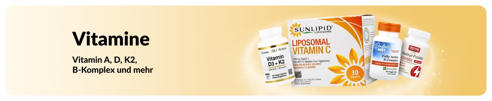 Werbe-Banner für Vitamine mit Bild von Vitaminpräparaten.