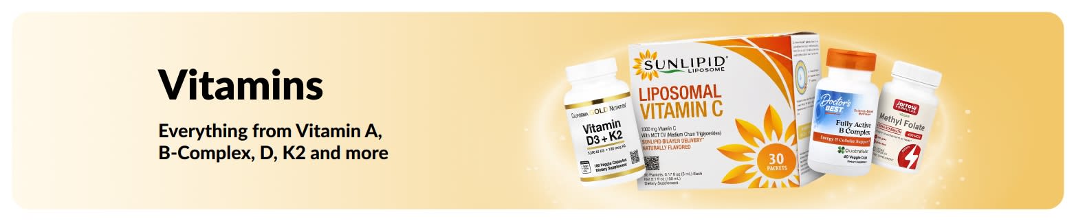 Promotional banner of vitamins, featuring vitamin supplements.
