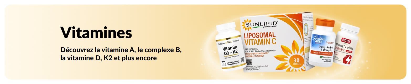 Bannière promotionnelle sur les vitamines, mettant en avant des compléments vitaminiques.