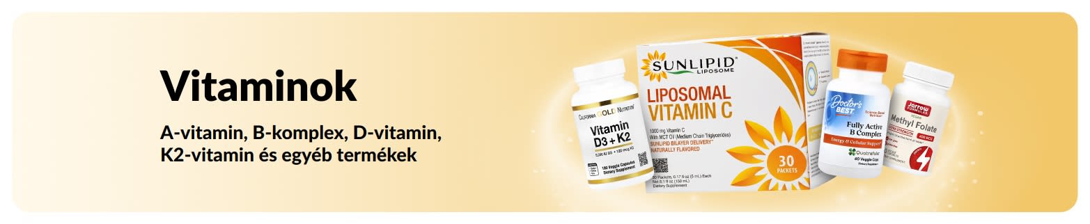 Vitaminokat népszerűsítő promóciós banner, amely vitamin-készítményeket ábrázol