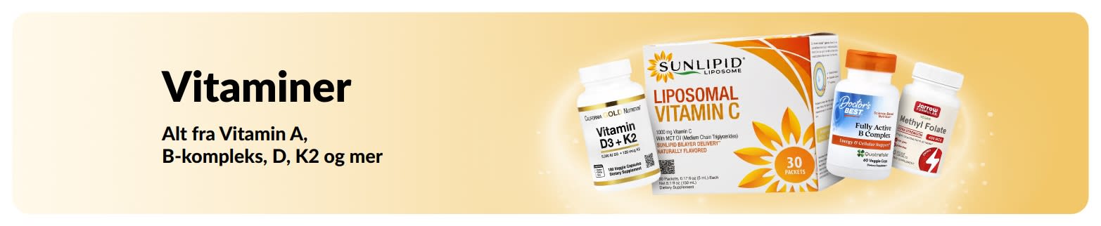 Kampanjebanner for vitaminer, med vitamintilskudd.