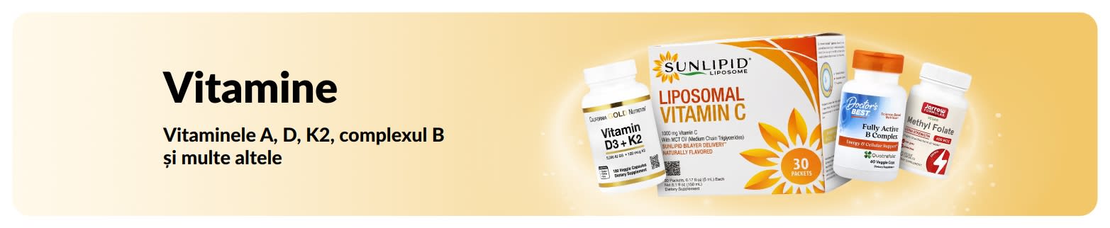 Banner promoțional cu vitamine, cu produse în prim-plan.