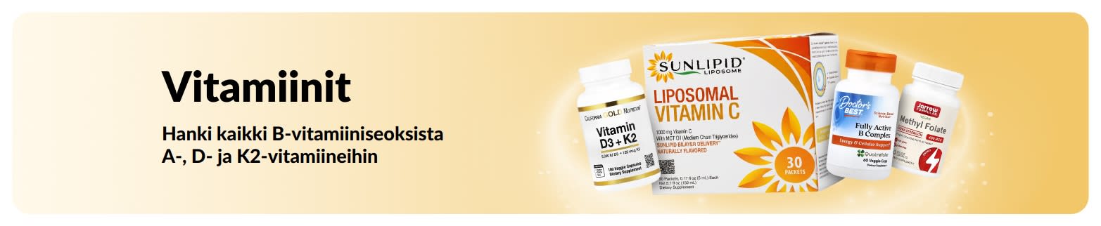 Vitamiinien mainosbanneri, kuvassa vitamiinilisiä.