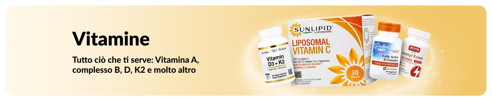Banner promozionale sulle vitamine, che mostra integratori di vitamine. 