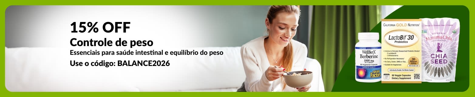Banner da iHerb com 15% OFF em essenciais para saúde intestinal e equilíbrio do peso, usando o código BALANCE2026, com destaque para uma mulher e suplementos.