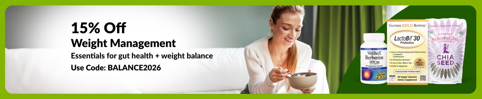 iHerb banner offering 15% off gut and weight balance essentials with code BALANCE2026, featuring woman and supplements.