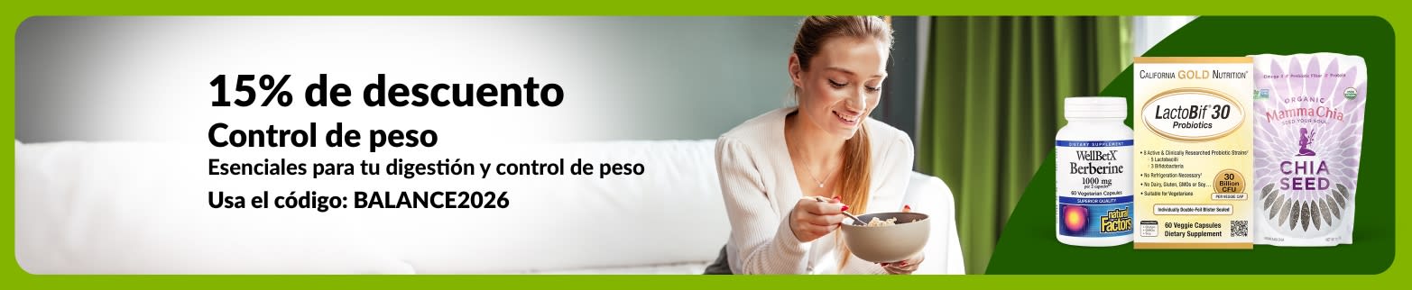 Banner de iHerb ofreciendo 15% de descuento en esenciales para la digestión y control de peso con el código BALANCE2026, mostrando una mujer y suplementos.