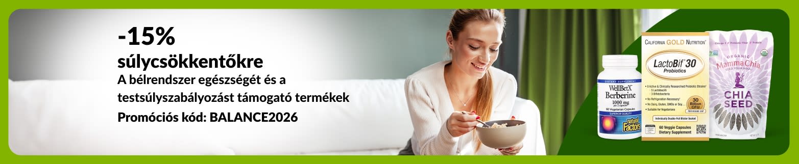 iHerb banner, amely 15% kedvezményt kínál a bélrendszer egészségét és a testsúlyszabályozást támogató termékekre a BALANCE2026 kóddal, egy nőt és táplálékkiegészítőket ábrázolva.