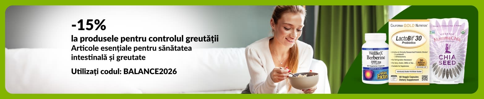 Banner iHerb cu -15% la produse pentru intestine și controlul greutății cu codul BALANCE2026, cu femeie și suplimente.