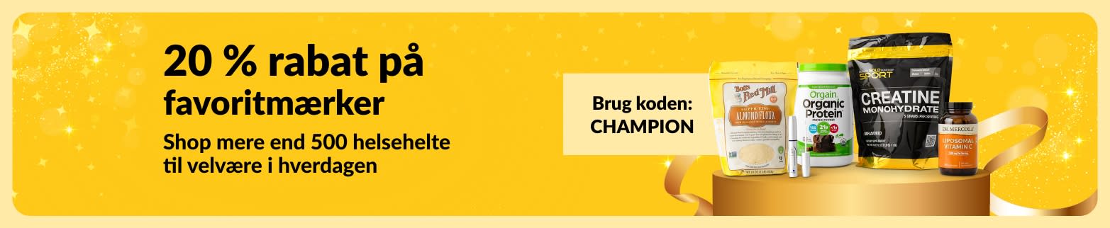 20 % rabat på de bedste helsemærker med koden CHAMPION.