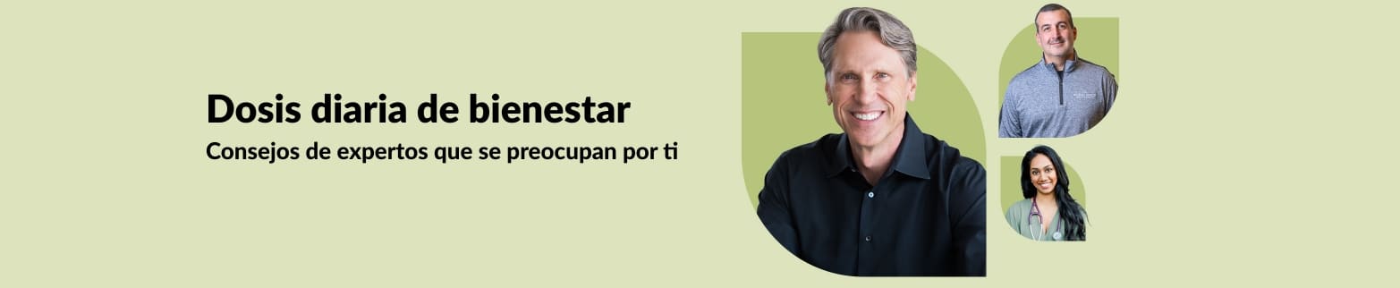 Banner de iHerb del Centro de bienestar, con expertos compartiendo consejos diarios sobre salud y bienestar. Se muestran profesionales sonrientes.