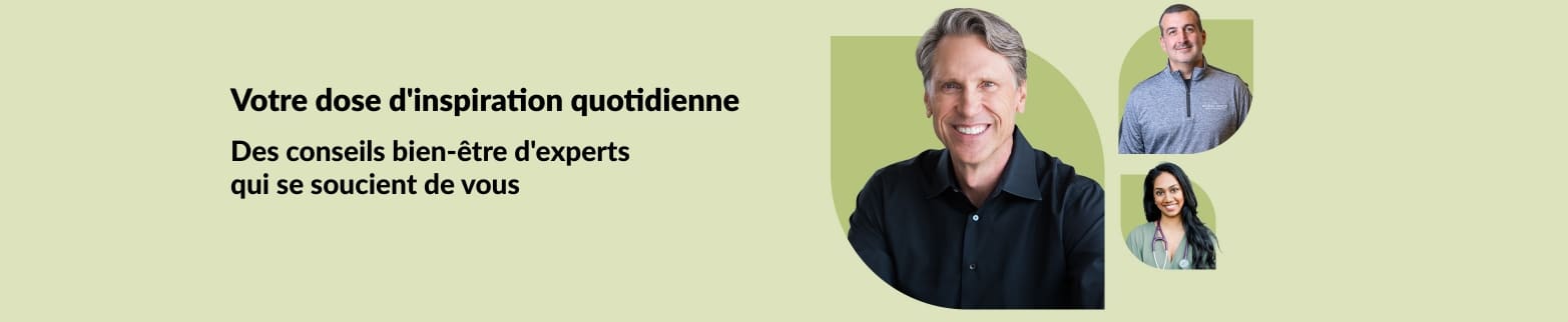 Bannière iHerb Wellness Hub présentant des experts qui partagent quotidiennement leurs conseils en matière de santé et de bien-être avec des professionnels souriants.