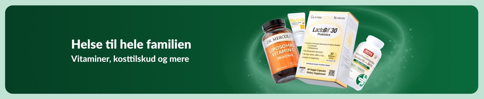 iHerb helsebanner med vitaminer og kosttilskud til hele familien, der promoverer sundhedsprodukter og daglig ernæring.