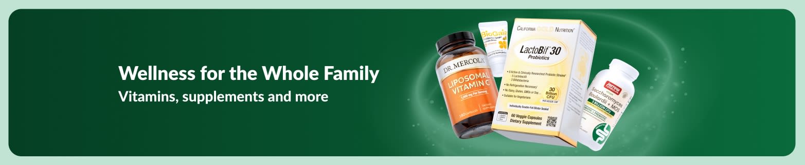 iHerb wellness banner featuring vitamins and supplements for the whole family, promoting health products and daily nutrition.