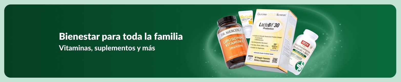 Banner de bienestar de iHerb con vitaminas y suplementos para toda la familia con productos para la salud y nutrición diaria.